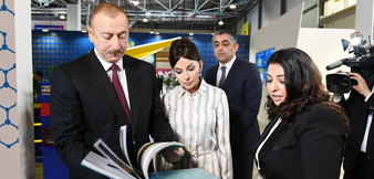 President Ilham Aliyev and First Lady Mehriban Aliyeva viewed the stand of Azermarka LLC at the Bakutel 2019 exhibition